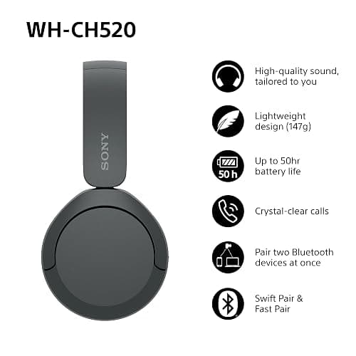 Sony WH-CH520 Wireless Bluetooth On-Ear Headphones, Lightweight Design, Up to 50hr Battery Life, Quick Charge, EQ, Clear Call Quality, iOS & Android - Black thumbnail 3