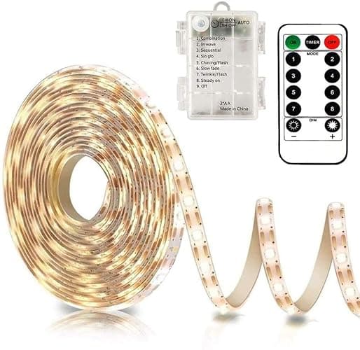 CCILAND 3m Battery LED Strip Lights with Remote Control, 90 LED Lights Strip Waterproof, 8 Modes, Dimmable, Timer, Self-Adhesive, Cuttable for Bedroom Mirror Kitchen Cabinet Patio Decor (Warm White) - Warm White - Image 1