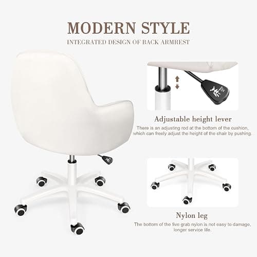 HDHNBA Mid Back Velvet Vanity Chair Swivel Rolling Desk Chair with Wheels, Modern Upholstered Makeup Chair for Women Girls, Computer Task Chair for Bedroom Living Room Office, White thumbnail 3