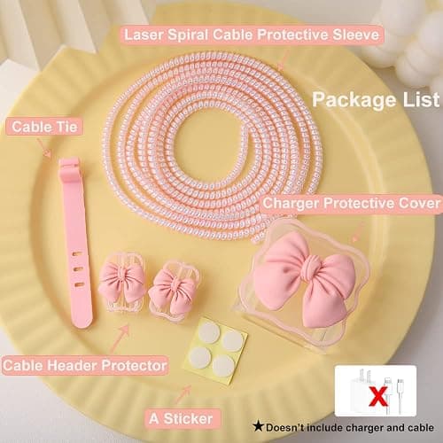 QLD COVER Compatible with iPhone 18W/20W USB-C Charger Cover Cute 3D Bow Tie Design Clear Soft Charger Protector Kawaii Cable Saver for iPhone 11 12 13 14 Pro Max Fast Power Adapter, Pink 2 (5in1) thumbnail 2