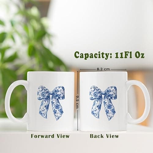 JKMBN Chinoiserie Bow Coffee Tea Mugs, Coquette Grandmillennial Bows Ceramic Coffee Mug, Vintage Blue Coffee Cup, 11oz Ceramic Cup White thumbnail 3