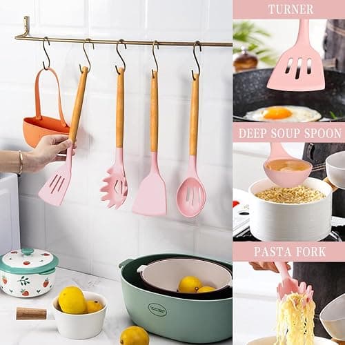 Umite Chef Silicone Kitchen Utensils Set, 33 Piece Non-Stick Kitchen Utensils with Stand, Wooden Handle, Pink thumbnail 7