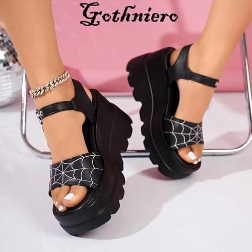 Gothniero women black platform sandals goth chunky wedge heel summer sandals girls gothic punk platform sandals for women metallic spider buckles slides size 5.5-11 thumbnail 6