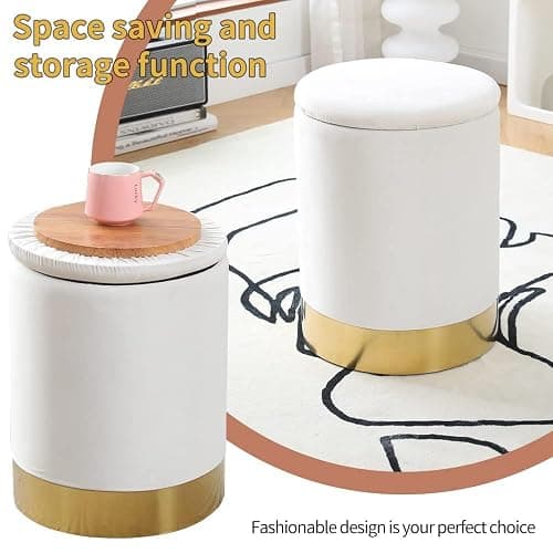 Mxfurhawa Velvet Storage Ottoman Multipurpose Footrest Stool with Metal Base Modern Round Vanity Stool Chair Ottoman Foot Stools Support 300 lbs Padded Seat for Living Room (Cream (Velvet)) thumbnail 3