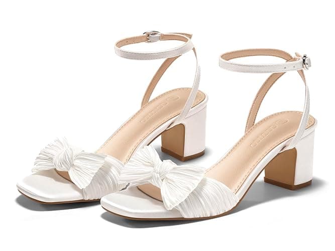 Coutgo Womens Bow Heels Sandals Block Low Heel Wedding Bride Dressy Shoes Open Toe Ankle Strap Sandals thumbnail 5