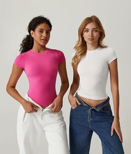 QINSEN Women's Crew Neck Short Sleeve Double-Layer Tops Basic Slim Fit Going Out T Shirt thumbnail 7