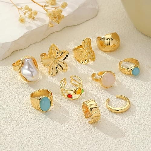 UYY Chunky Gold Rings for Women Non Tarnish, Baroque Pearl Flower Tiger's Eye Stone Rings Adjustable Stacking Statement Rings Set Fashion Jewelry Gifts thumbnail 5