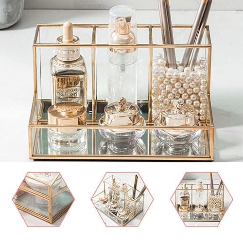HARLIANGXY Makeup Organiser, Glass Makeup Brush Holder, Makeup Brush Pot, Cosmetic Organizer, Desktop Storage Box, Perfume Organiser for Dressing Table, Bedroom, Washroom - Gold thumbnail 2