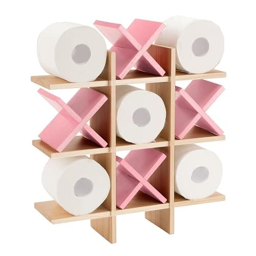 Weysat Tic Tac Toe Toilet Paper Holder Stand Bathroom Wall Decor Rustic Wooden Hanging Storage Freestanding Wall Mounted Shelves Decor for Toilet Tissue Farmhouse(Wood Color, Pink) thumbnail 7