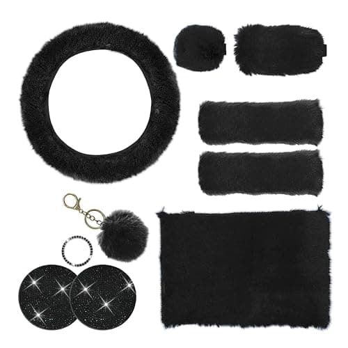 10PCS Fluffy Car Accessories Set, Furry Steering Wheel Cover with Warm Fuzzy Gear Shift Cover Ball Keychain Handbrake Cover Console Seat Belt Shoulder Pads & Diamond Ignition Ring Cup Mats (Black) - Image 1