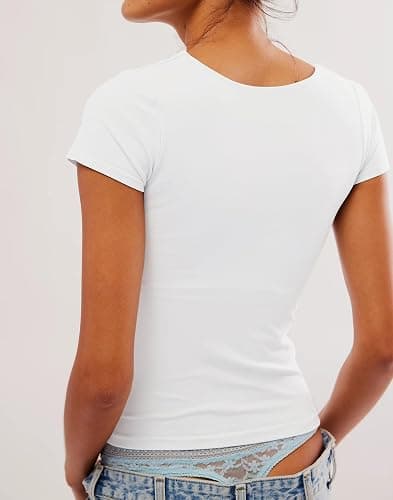 BAIGRAM Women Square Neck Crop Top Short Sleeve T Shirts Slim Fitted Going Out Tops Y2K Cute Summer Basic Tees Trendy thumbnail 5