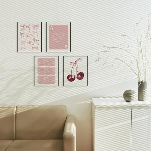 ETVISO Coquette Room Decor for Girls Room, Trendy Pink Bows Wall Art, College Apartment Decor Aesthetic Wall Art Prints Cherry Poker, Living Room Decor 8x10 Inch Set of 4 Unframed (Pink) - 8x10 in - Bow(Pink) thumbnail 4