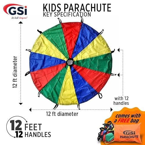 GSi Kids Rainbow Parachute 6 ft to 35 ft for School & Gym Class | Bright Rainbow Colors, 54 GSM Fabric, Cross-Stitched Handles, Field Day & Birthday Parties, Storage Bag Included thumbnail 2