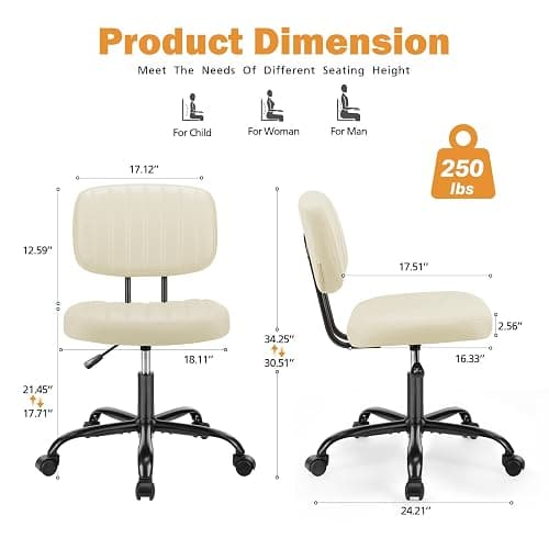 Sweetcrispy Office Desk Chair, Small Vanity Chair, Lumbar Support | Armless PU Leather, Height Adjustable Rolling Swivel Task, Bedroom Home Student, Beige White thumbnail 2