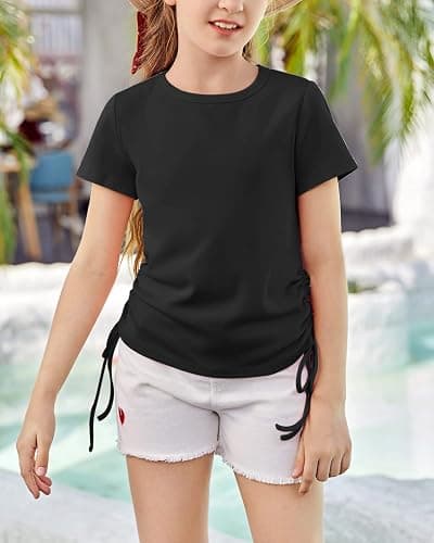 Imily Bela Girls Tees Shirts Cute Crew Neck Short Sleeve Side Drawstring Solid Tops Kids Children Summer Clothes thumbnail 3
