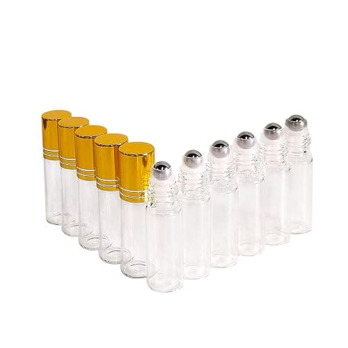 PYAWI 50 PCS 5ml Clear Glass Essential Oil Roller Bottles with Stainless Steel Roller Ball,Gold Caps,for Travel Perfume-2 Funnels, 2 Dropper, 1 Opener (5ml) thumbnail 2
