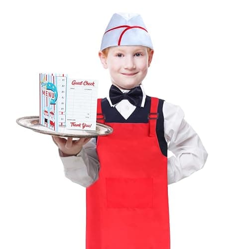 Keymall Kids Waiter Costume Set Vendor Costume Kit 6 Pcs Hat Apron Bow Tie Gloves Cards For Halloween Pretend Play Dress Up thumbnail 7