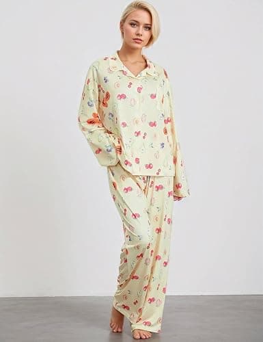 TIKITIDES Womens 2 Piece Floral Fruit Button Down Pajama Sets Cute Long Sleeve Wide Leg Soft Pjs Loungewear thumbnail 2