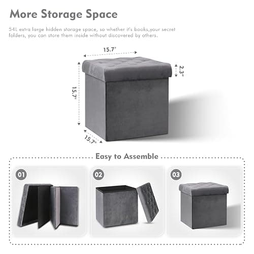 B FSOBEIIALEO Storage Ottoman Cube, Velvet Tufted Folding Ottomans with Lid, Footstool Rest Padded Seat for Bedroom (Grey, Medium) thumbnail 3