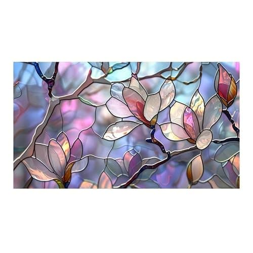 JOONOR Retro Magnolia Sunroof Film,Stained Glass Decals Colorful Floral Window Privacy Film for Car Sunroof Living Room Sun Blocking Decor Removable Static Cling PVC Stickers, 17.72 x 35.43 Inch - Image 1