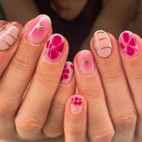 Stbisen Pink Press On Nails Short Oval, Summer Fall Fake Nails Featuring Petal Designs and Gold Detailing, Glossy Gel Finish Acrylic Nails, Thick Reusable Glue On Nails Kit for Women, Gilded Blossom - Image 1