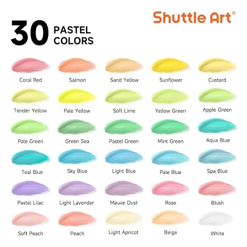 Shuttle Art 40 Pack Pastel Acrylic Paint Set, 30 Colors, 60ml/2oz Bottles, High Viscosity, Water-proof With 10 Paint Brushes for Painting &Crafting on Canvas, Rock, Ceramic, Fabric, Clay thumbnail 2
