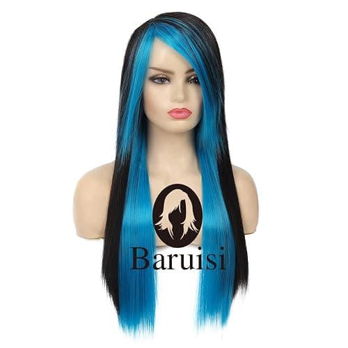 Baruisi Long Blue Black Wig Silky Straight Synthetic Heat Resistant Side Bangs Halloween Costume Hair Wigs for Women Girls thumbnail 4