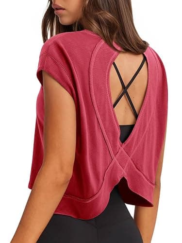 LASLULU Women's Athletic Open Back Short Sleeve T-Shirt - Image 1