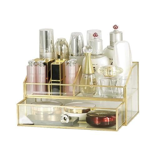 YUEHUA Glass Makeup Organizer, Clear Makeup Brush Organizer Jewelry Display Box, Gold Makeup Nail Polish Lipsticks Eyeliners Holder Organizer for Vanity Bathroom Office - Image 1