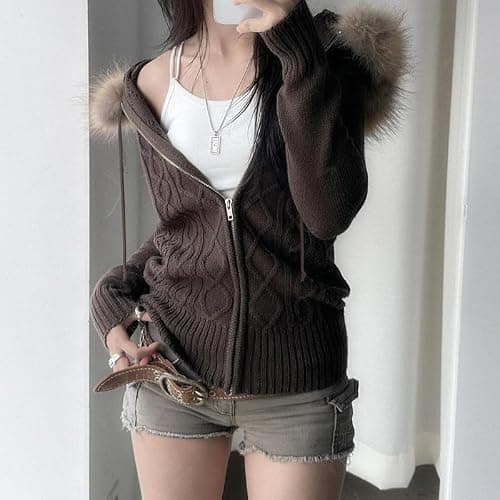 KMBANGI Women Fur Trim Crop Hoodies Zip Up Y2k Long Sleeve Cropped Sweatshirt Zipper Furry Hooded Jacket with Pockets thumbnail 2