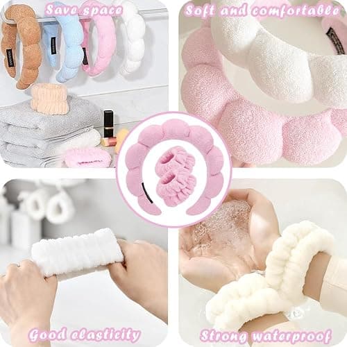 Tetizo Spa Headbands for Washing Face Wristband Set Sponge Makeup Skincare Headband Wrist Towels Bubble Soft Terry Towel Cloth Hairband for Women Puffy Headwear Non Slip Thick Hair Headwear (Pink) thumbnail 5