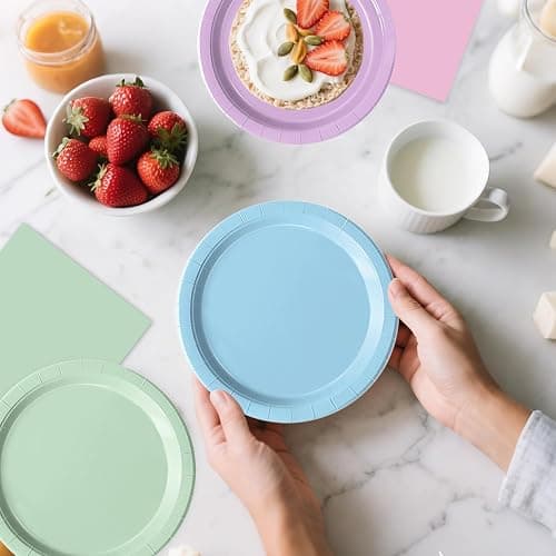 Oigco 60 PCS Pastel Paper Plates and Napkins, Pastel Party Decorations, Rainbow Paper Plates for Colorful Birthday Baby Shower Wedding thumbnail 7