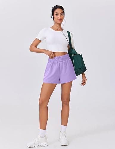 PINSPARK Womens High Waisted Quick Dry Running Gym Shorts, Lightweight Linerless Workout Athletic Shorts with Pockets - Lilac - Large thumbnail 4