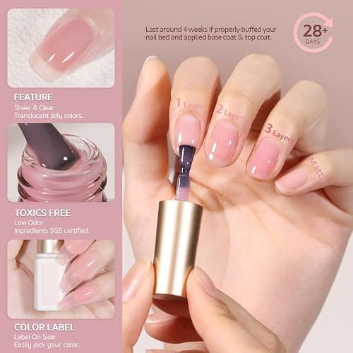 GAOY Nude Jelly Gel Nail Polish Set, 6 Sheer Pink Colors, Pinkish Jelly | Transparent Natural Light Pink Colors, Base Color Gel Nail Polish Kit, UV/LED Cure Required, Easy DIY Manicure at Home thumbnail 4