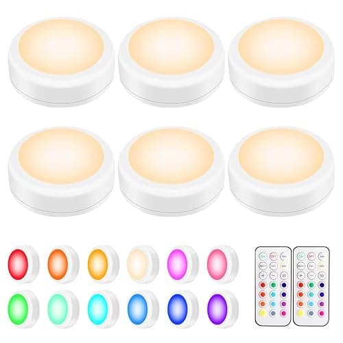 BLS LED Puck Lights with Remote Control, Wireless Under Cabinet & Closet Lighting, RGB 13 Color Changing Lights with Dimmer, Timer & AA Battery Operated, Push, Touch, Stick on for Night, White, 6 Pack - Image 1