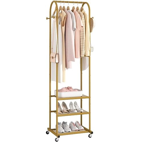 Kaitiemoo Heavy Duty Clothing Rack with Wheels,Modern Garment Rack with 3 Metal Shelves, 71.8Inches Display Rack for Hanging Clothes, Hanging Rod for Small Space,Gold - Image 1