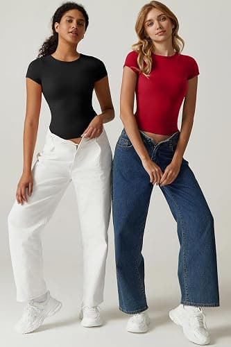 QINSEN Women's Crew Neck Short Sleeve Tees Double Lined Slim Fit T Shirt Basic Y2K Tops thumbnail 6