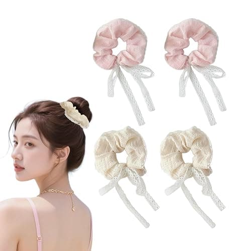 4 Pcs Cute Lace Scrunchies with White Bow Boho Hair Ties Elegant Ponytail Holder Elastic Band Scrunchy Lace Bow Hair Accessories for Women & Girls - Yellow, Pink - Image 1