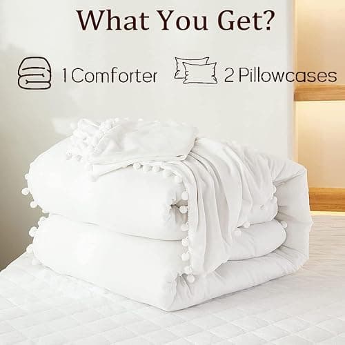 Bedbay Boho Bedding Comforter Set Kids Bedding Twin Cute Ball Pom Pom Fringe Farmhouse Bedding White and Beige Reversible Preppy Comforter Set(White&Beige,Twin) thumbnail 5