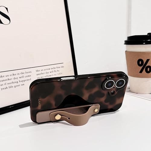 NITITOP Compatible with iPhone 16 Case with Wrist Strap Cute Leopard Stylish Amber Tortoise Design for Women Girls Men Soft TPU Shockproof Full Camera Protection Cover - Brown thumbnail 6