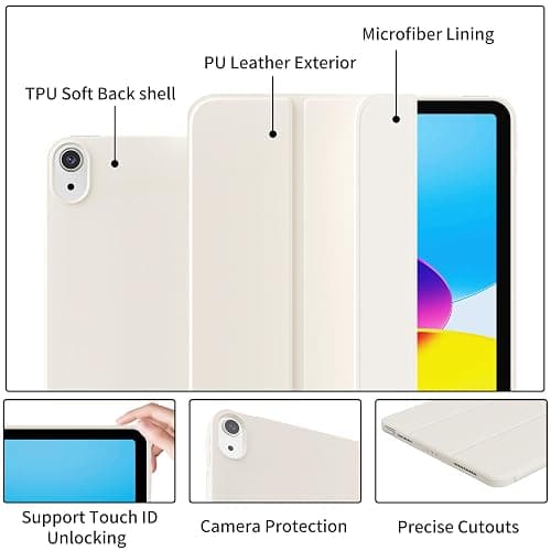 KVTVOU for iPad (A16) 11th/10th Generation Case (11/10.9 Inch, 2025/2022) Without Pencil Holder, Slim Trifold Stand Smart Cover & Soft TPU Back, Auto Wake/Sleep & Support Touch ID, Cream White thumbnail 2