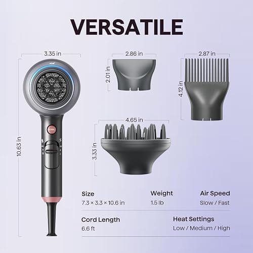 Wavytalk Blow Dryer, Blown Away Ionic Hair Dryer for Curly Hair with Diffuser, 1875W Fast Drying Blow Dryer with Ceramic Technology, 3 Attachments for All Hair Types, Light and Quiet, Grey thumbnail 7