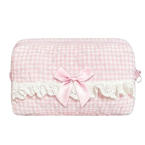 Modacarry Small Quilted Makeup Bag Touch-up Pouch Coquette Cosmetic Bag for Women Girls (PINK CHECKERED) - Image 1