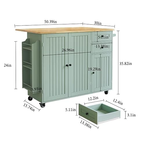 HLR Kitchen Island with Storage, Sage Green Rolling Kitchen Cart on Wheels with Drop-Leaf Bar Countertop, Islands Prep Table with Side Open Spice Rack and Tower Rack, Extra Storage for Kitchen - Green thumbnail 2