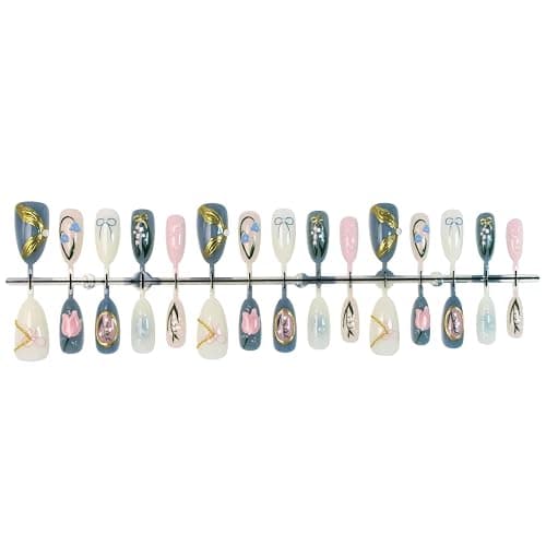 30pcs Almond Press on Nails Medium Handmade Fake Nail Art, 3D Tulip Water Drop Removable Design French Tip Press on False Nail Tips Light Blue Artificial Acrylic Nail Spring Summer Nails Set thumbnail 4