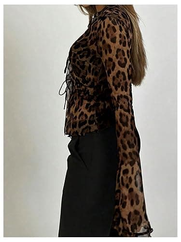RoseSeek Women's Leopard Sheer Tops Bell Sleeve Tie Front V Neck T Shirt Vintage Party Y2K Clothes Going Out Top thumbnail 5