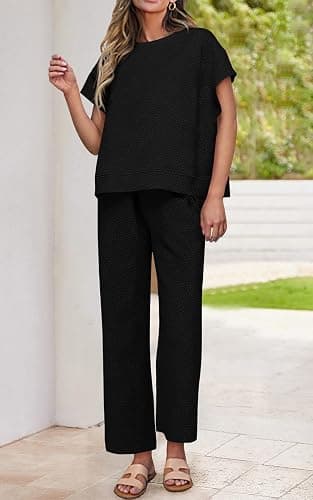 PRETTYGARDEN 2 Piece Outfits For Women Casual Tracksuit Short Sleeve Tops And Wide Leg Long Pants Matching Lounge Sets thumbnail 3