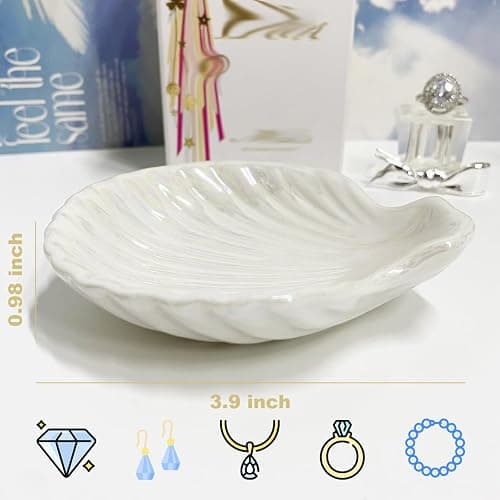 Ring Dish Shell Shape Ceramic Jewelry Dish Tray, Decorative Trinket Dish Organizing Rings Earrings Necklaces Keys for Mom Friend Sister, 3.9", White Iridescent Surface thumbnail 3