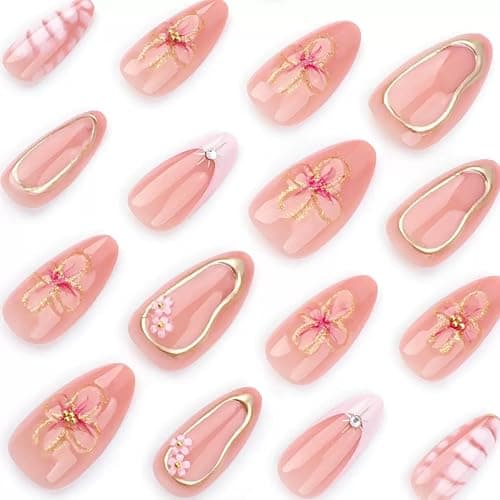 Press on Nails Medium Almond - Flower Fake Nails with Gold Line Design - French Tip False Nails Press ons - for Women 24 Pcs thumbnail 2