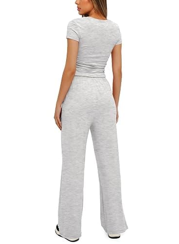 Darong Women's 2 Piece Set Outfits Lounge Sets Ruched Short Sleeve Tops High Waisted Wide Leg Pants Tracksuit Sets thumbnail 2